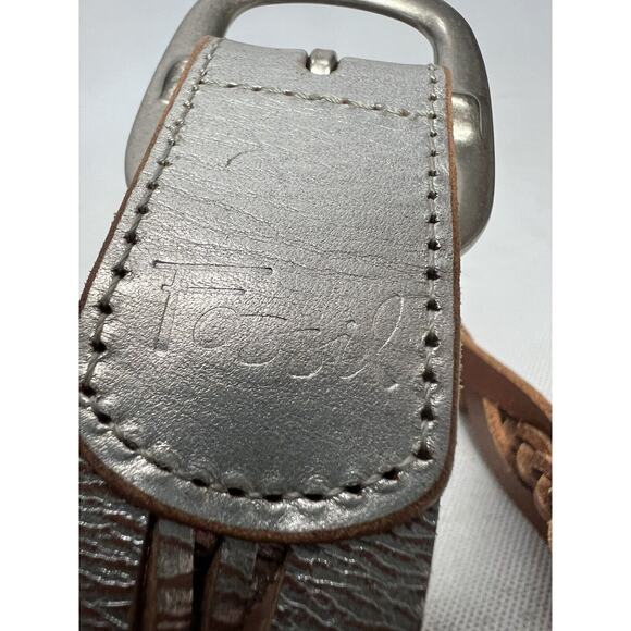 FOSSIL Silver Braided Genuine Leather Womens Metallic Woven Adjustable Belt S - Picture 3 of 6